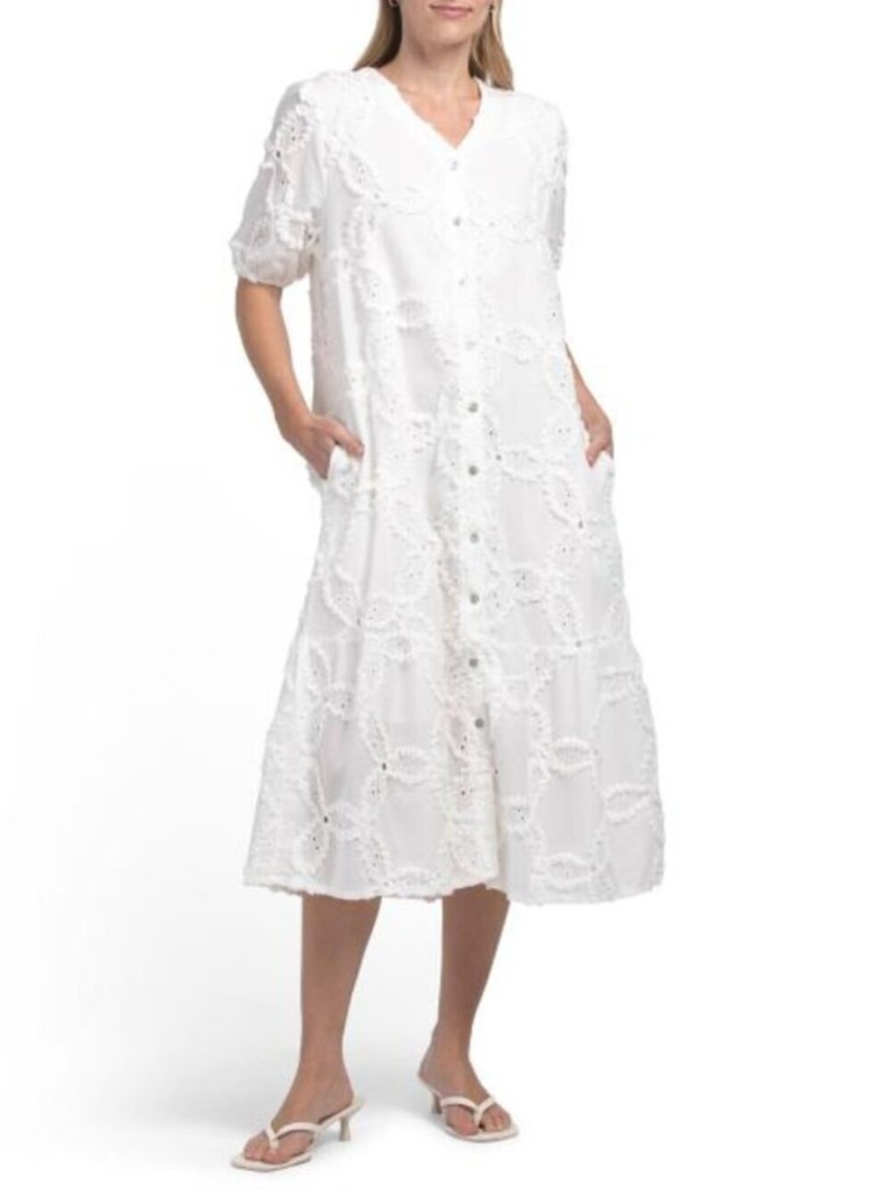 SPIGHE DI LINO Made In Italy Short Sleeve Embroidered Maxi Dress